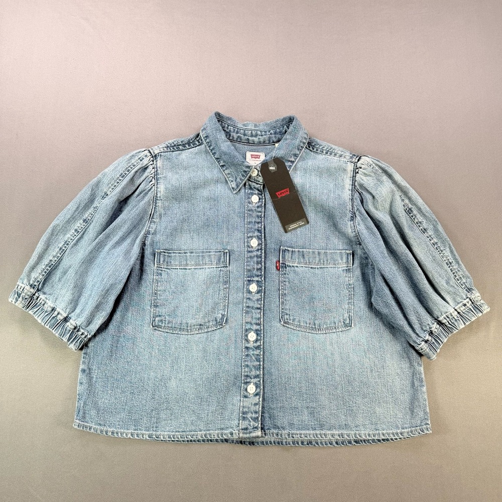 Levi's Womens L Blue Cotton Puff Sleeve Cropped Denim Button Up Shirt Top NWT